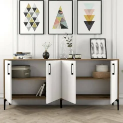 Salotto|Madie > Dmora Credenza noce e bianca 180x35x78h cm 4 ante - Jole Bianco, Marrone Noce