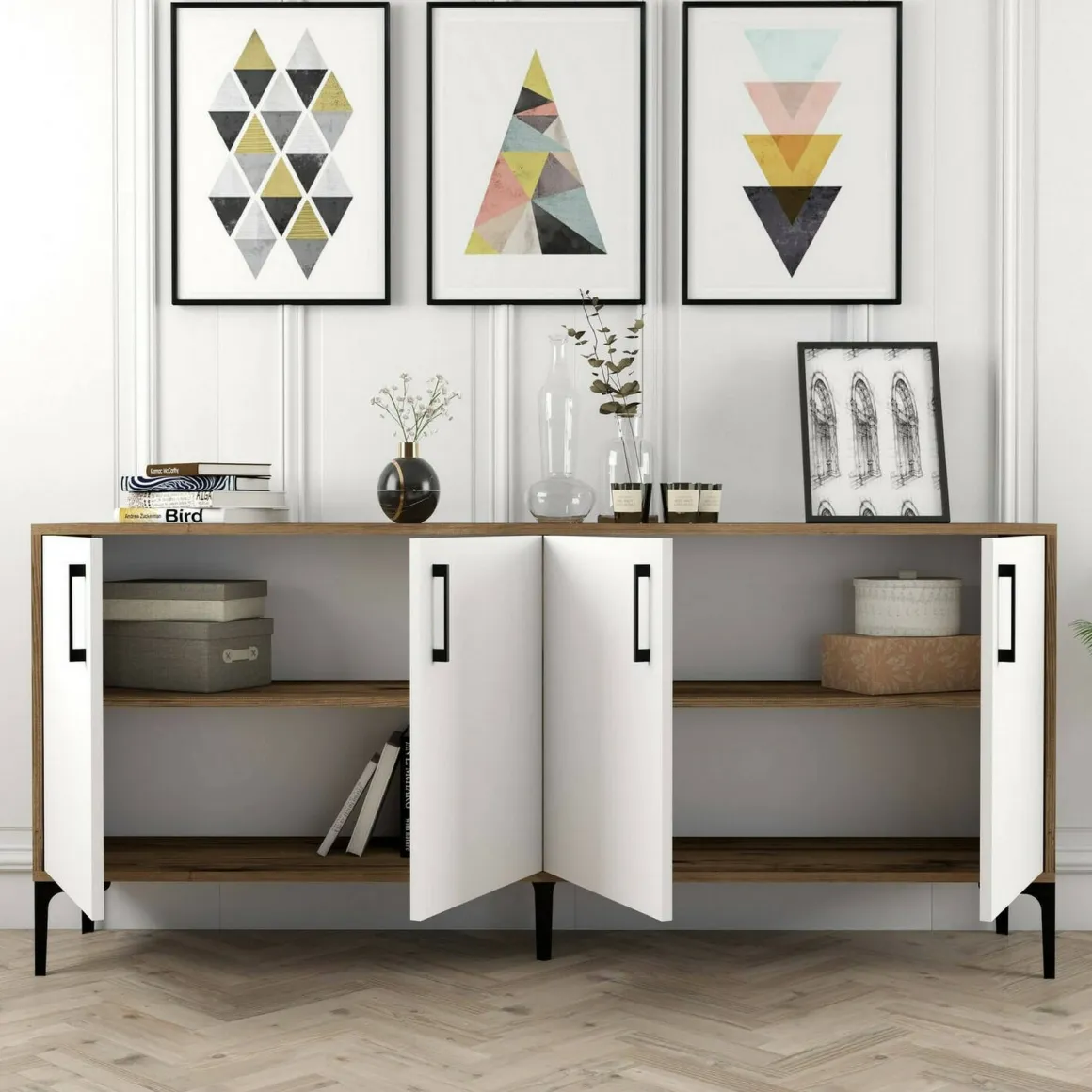 Salotto|Madie > Dmora Credenza noce e bianca 180x35x78h cm 4 ante - Jole Bianco, Marrone Noce