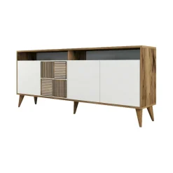 Salotto|Madie > Dmora Credenza noce e bianca 180x35x78h cm 4 ante - Jole Bianco, Marrone Noce