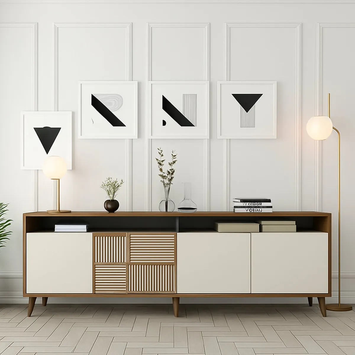 Madie|Credenze > Dmora Credenza noce e crema 180x35x78h cm 4 ante - Benjamin Bianco Crema, Marrone Noce