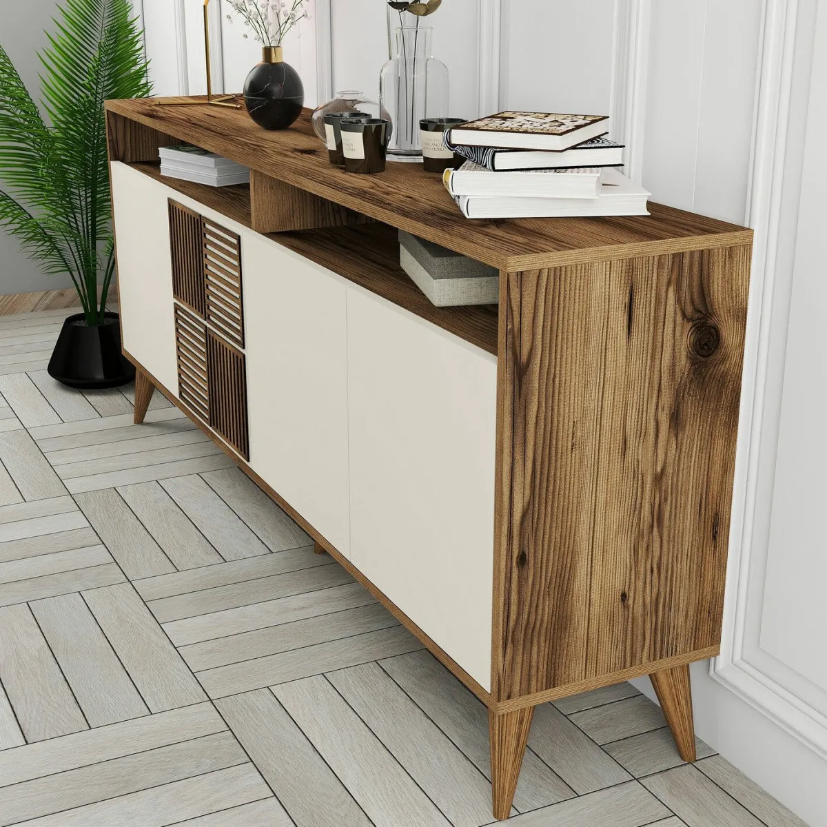 Madie|Credenze > Dmora Credenza noce e crema 180x35x78h cm 4 ante - Benjamin Bianco Crema, Marrone Noce