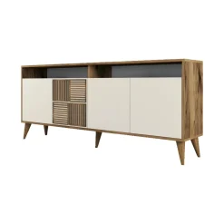 Madie|Credenze > Dmora Credenza noce e crema 180x35x78h cm 4 ante - Benjamin Bianco Crema, Marrone Noce