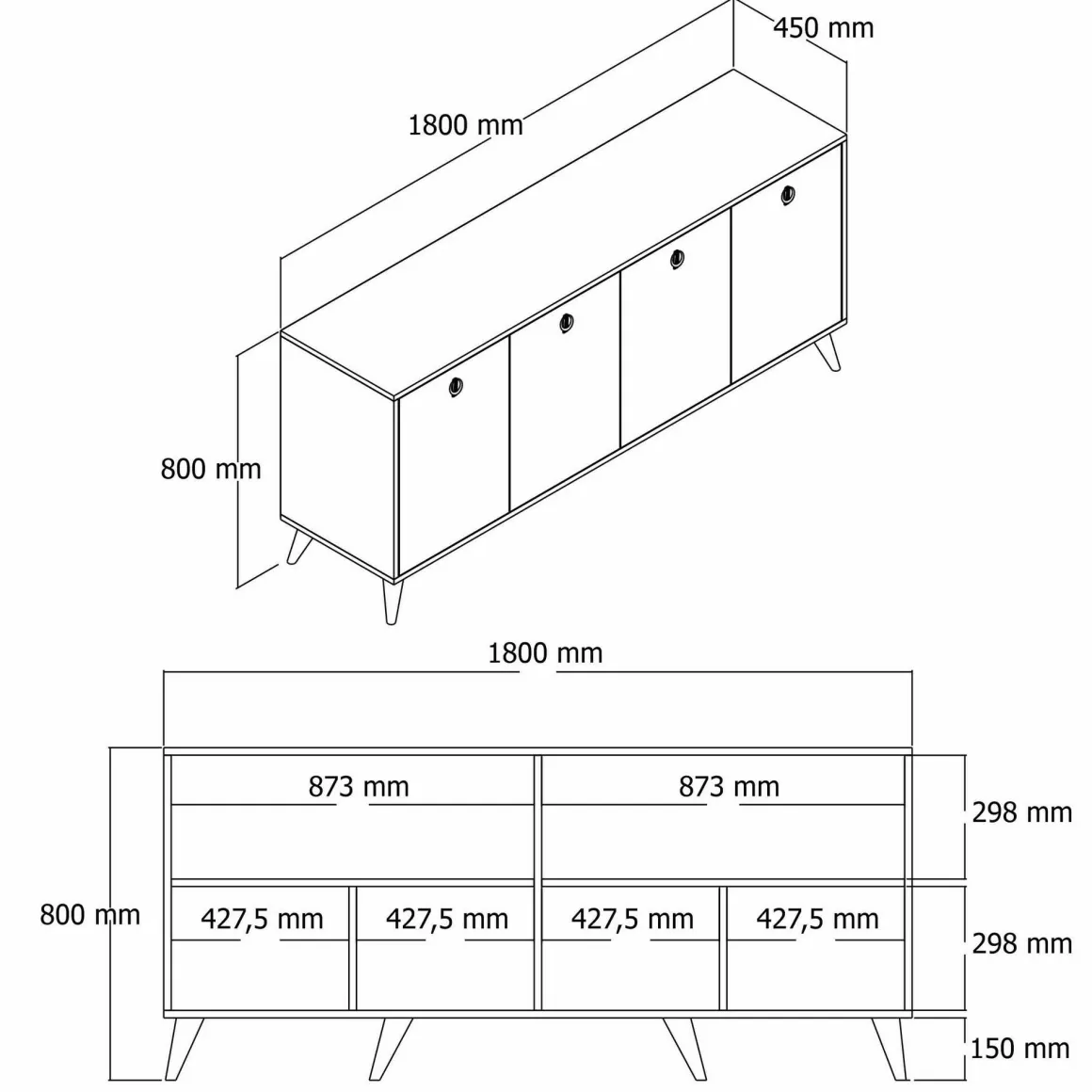Credenza noce e grigia 180x45x80h cm 4 ante - Ernie