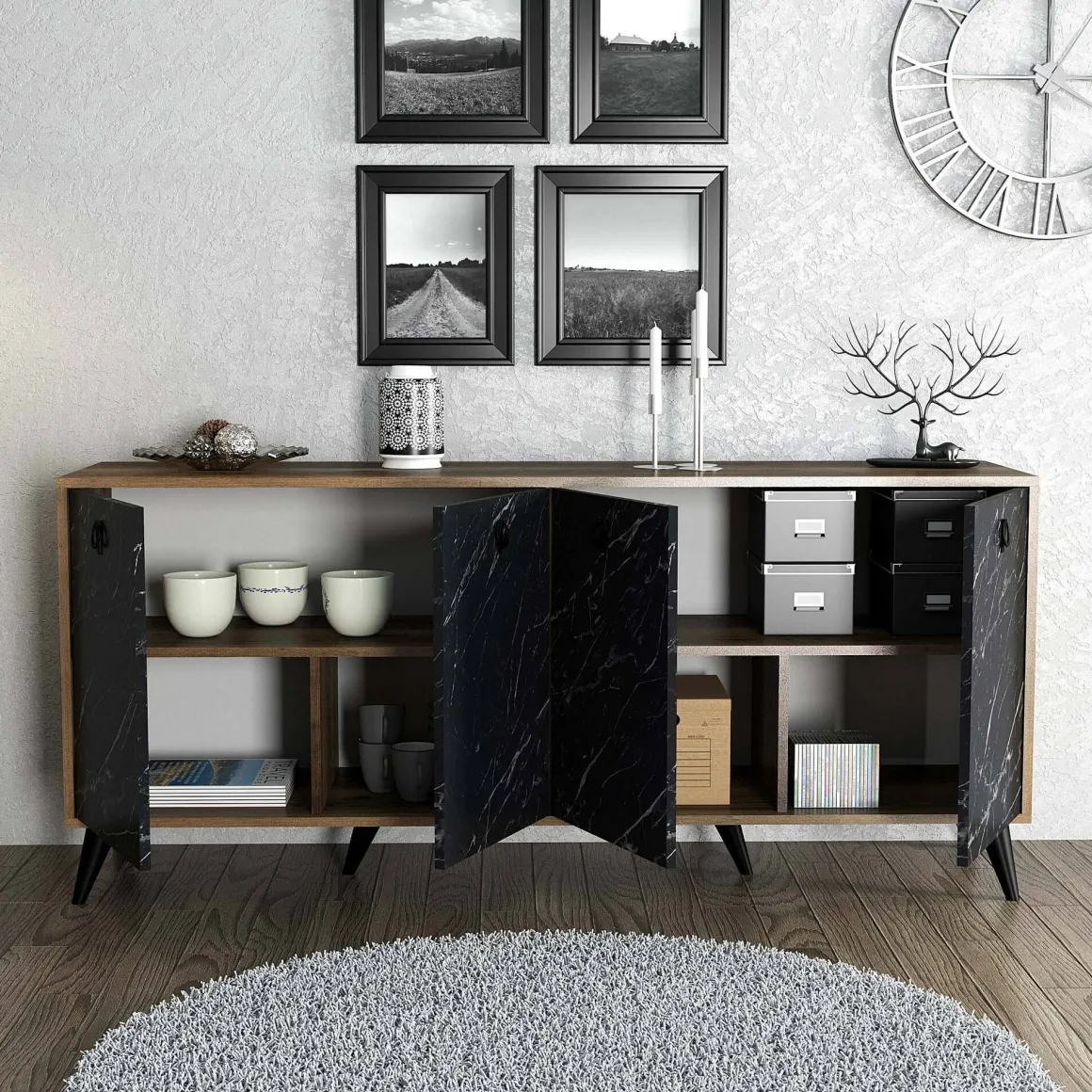 Credenza noce e grigia 180x45x80h cm 4 ante - Ernie