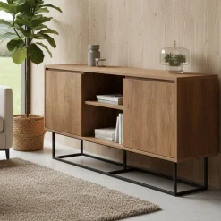 Madie|Credenze > Dmora Credenza noce e nera 180x35x78h cm 3 ante - Fay Nero, Marrone Noce
