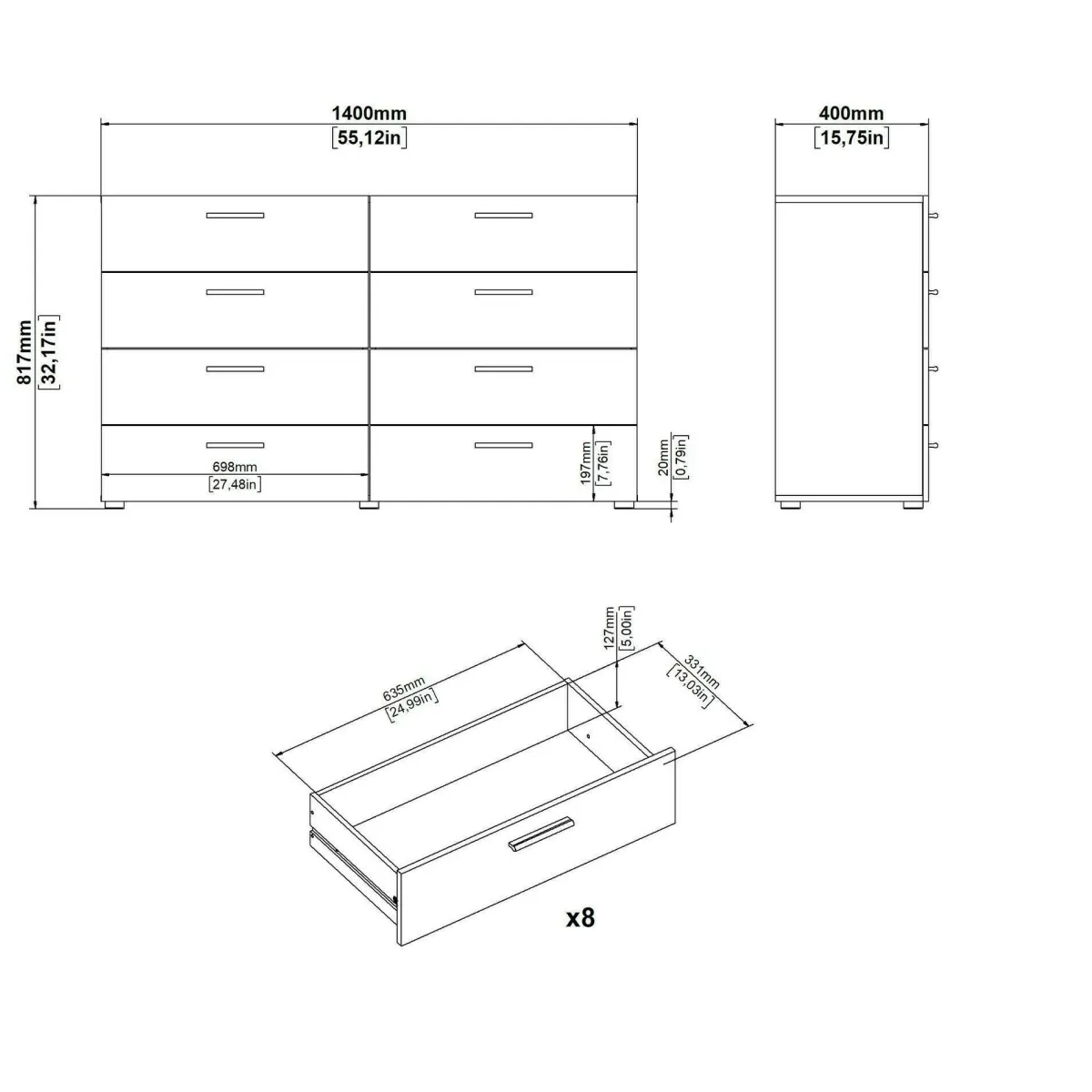 Madie|Credenze > Dmora Credenza noce 140x40x81h cm 8 cassetti - Phethai Marrone Noce