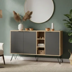 Madie|Credenze > Dmora Credenza quercia e antracite 160x40x71h cm 4 ante - Bratislava Nero Antracite, Marrone Quercia
