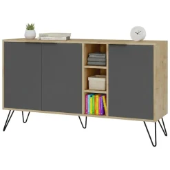 Madie|Credenze > Dmora Credenza quercia e antracite 160x40x71h cm 4 ante - Bratislava Nero Antracite, Marrone Quercia