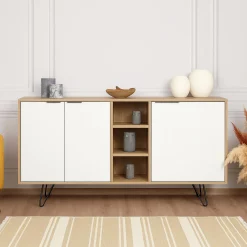 Madie|Credenze > Dmora Credenza quercia e bianca 150x35x82h cm 2 ante - Margravi Bianco, Marrone Quercia