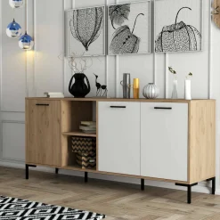 Madie|Credenze > Dmora Credenza quercia e bianca 180x45x80h cm 3 ante - Vardah Bianco, Marrone Quercia
