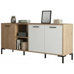 Madie|Credenze > Dmora Credenza quercia e bianca 180x45x80h cm 3 ante - Vardah Bianco, Marrone Quercia