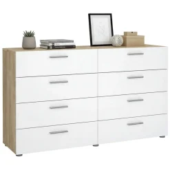 Madie|Credenze > Dmora Credenza quercia e bianco lucida 140x40x82h cm 8 cassetti - Aligon Bianco Lucido, Marrone Quercia