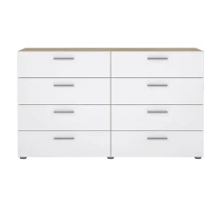 Madie|Credenze > Dmora Credenza quercia e bianco lucida 140x40x82h cm 8 cassetti - Aligon Bianco Lucido, Marrone Quercia