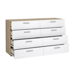 Madie|Credenze > Dmora Credenza quercia e bianco lucida 140x40x82h cm 8 cassetti - Aligon Bianco Lucido, Marrone Quercia