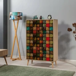 Madie|Credenze > Dmora Credenza quercia e multicolore 95x36x111h cm 4 ante - Agyemang Multicolore, Marrone Quercia