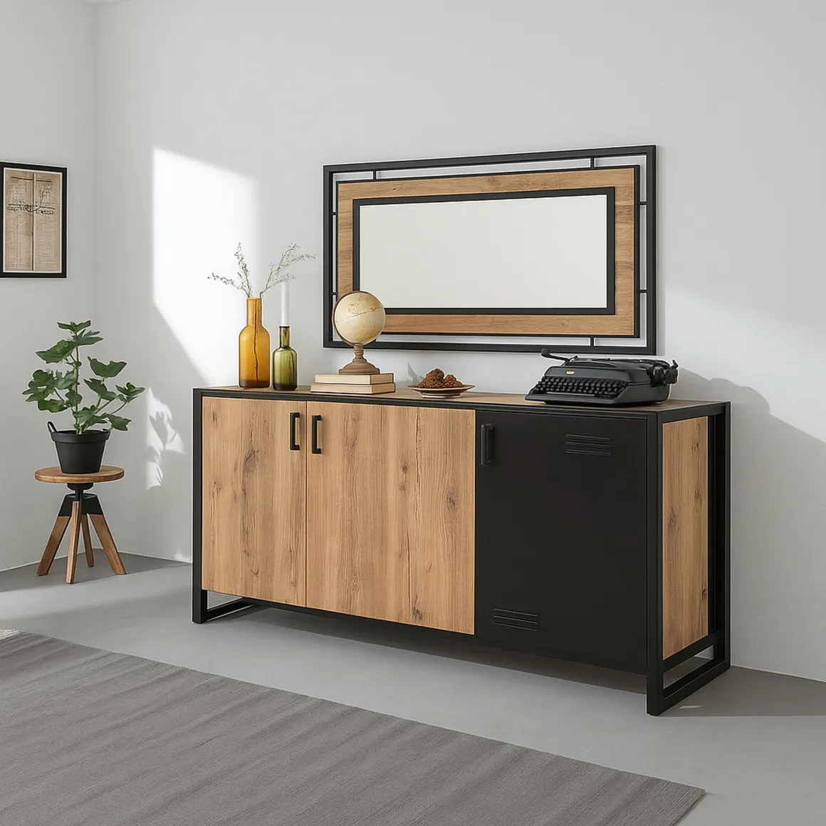 Madie|Credenze > Dmora Credenza quercia e nera 160x44x75h cm 4 ante - Kay Nero, Marrone Quercia