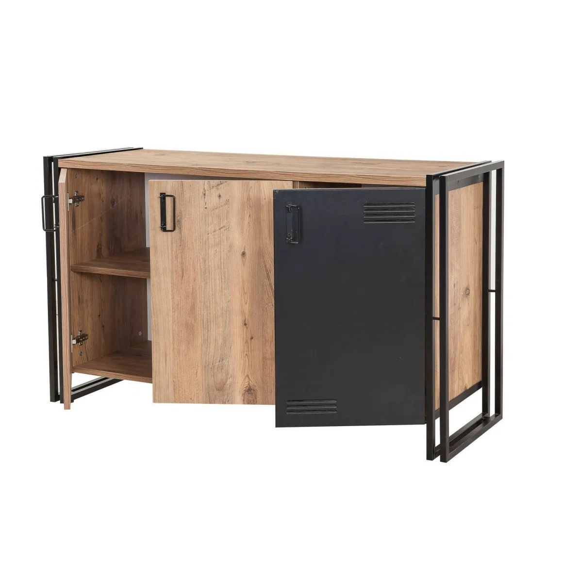 Madie|Credenze > Dmora Credenza quercia e nera 160x44x75h cm 4 ante - Kay Nero, Marrone Quercia