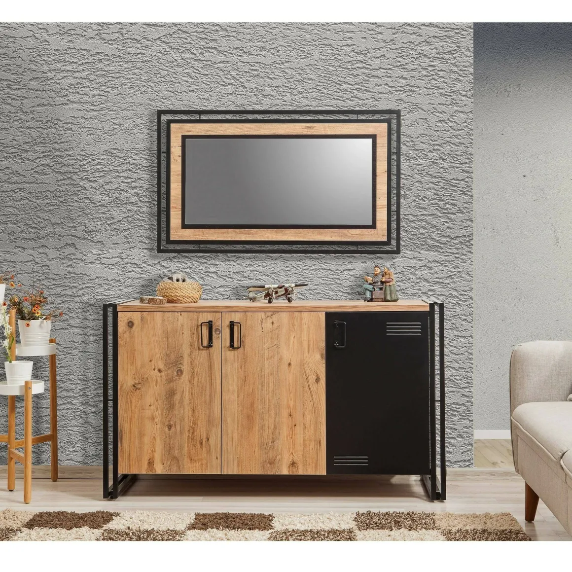 Madie|Credenze > Dmora Credenza quercia e nera 160x44x75h cm 4 ante - Kay Nero, Marrone Quercia