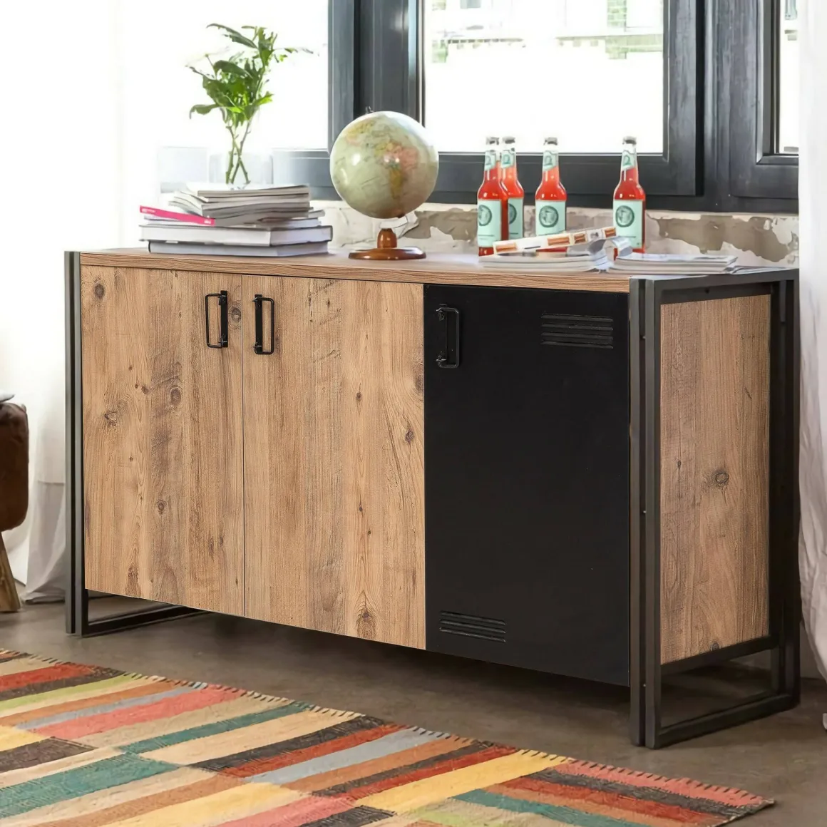 Madie|Credenze > Dmora Credenza quercia e nera 160x44x75h cm 4 ante - Kay Nero, Marrone Quercia