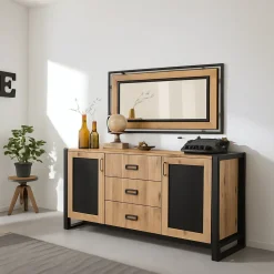 Madie|Credenze > Dmora Credenza quercia e nera 160x45x80h cm 2 ante e 3 cassetti - Cimaron Nero, Marrone Quercia