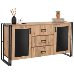 Madie|Credenze > Dmora Credenza quercia e nera 160x45x80h cm 2 ante e 3 cassetti - Cimaron Nero, Marrone Quercia