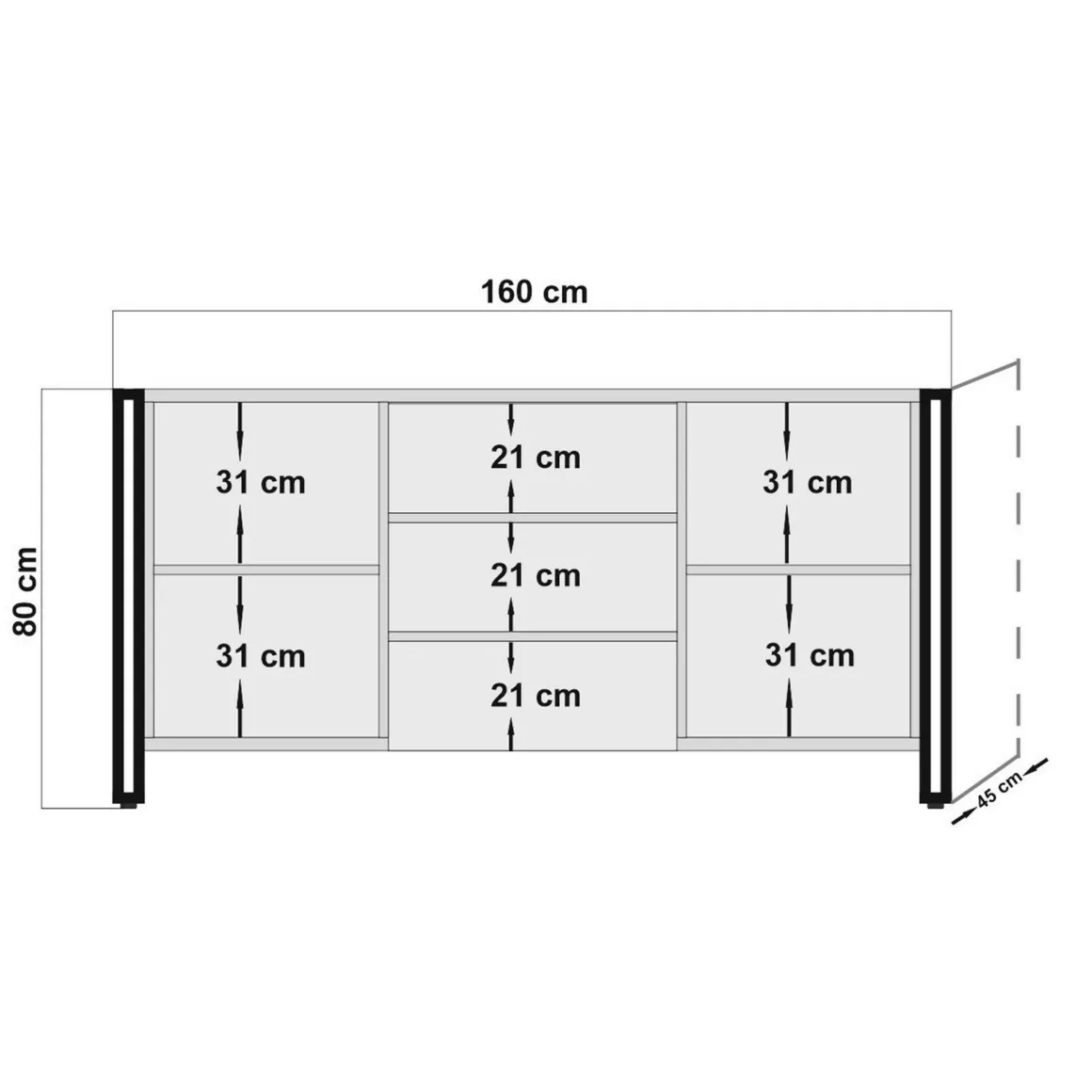 Madie|Credenze > Dmora Credenza quercia e nera 160x45x80h cm 2 ante e 3 cassetti - Cimaron Nero, Marrone Quercia