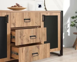 Madie|Credenze > Dmora Credenza quercia e nera 160x45x80h cm 2 ante e 3 cassetti - Cimaron Nero, Marrone Quercia