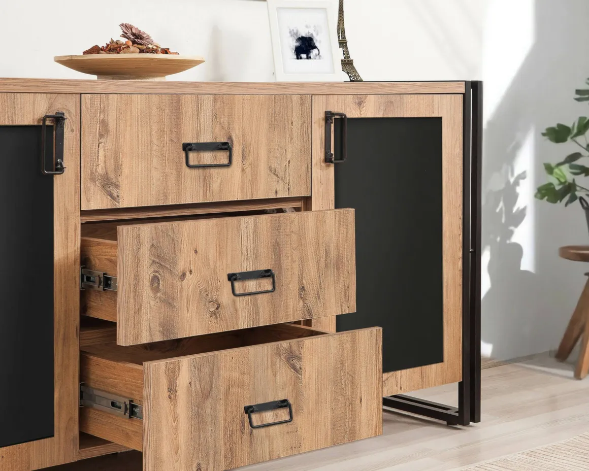 Madie|Credenze > Dmora Credenza quercia e nera 160x45x80h cm 2 ante e 3 cassetti - Cimaron Nero, Marrone Quercia
