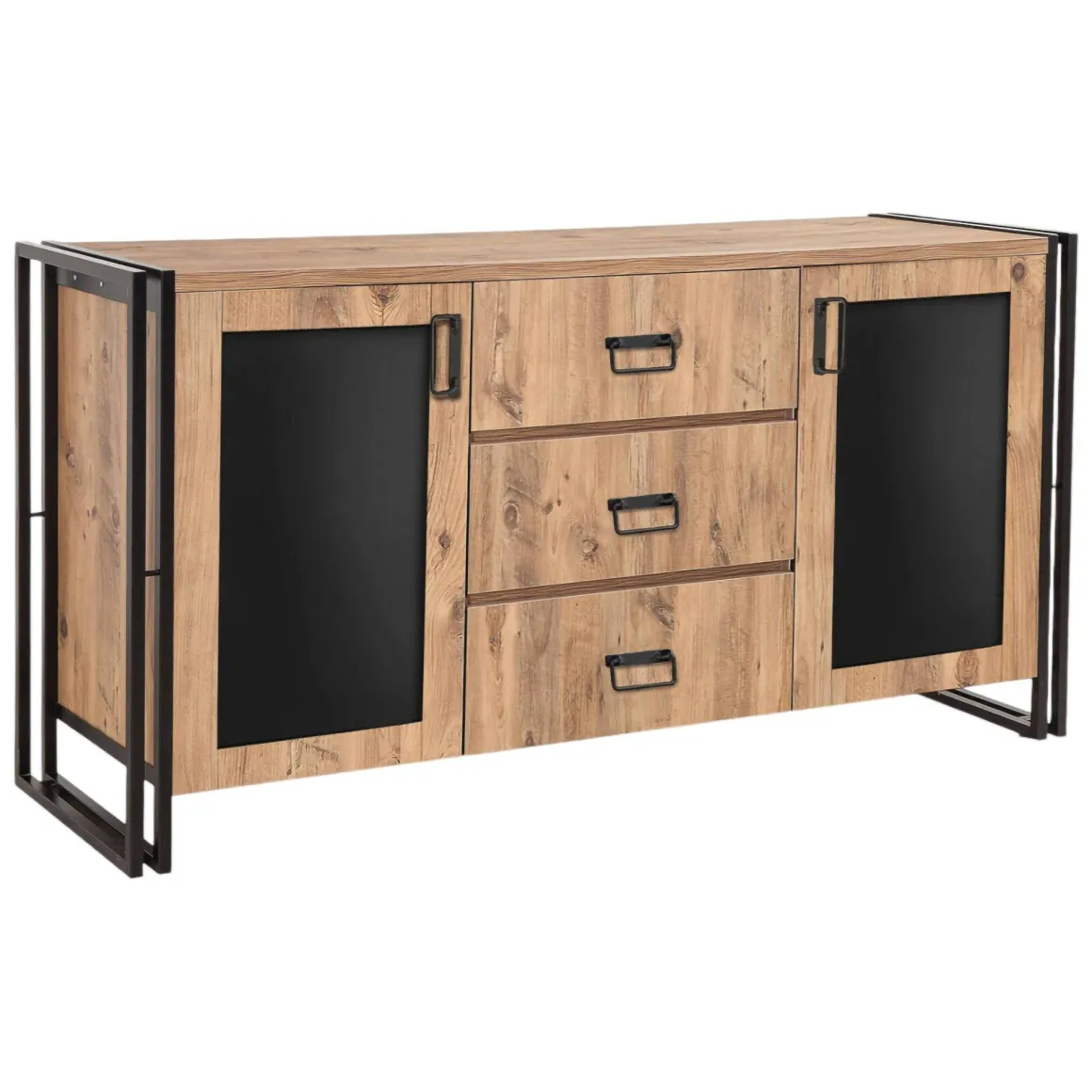 Madie|Credenze > Dmora Credenza quercia e nera 160x45x80h cm 2 ante e 3 cassetti - Cimaron Nero, Marrone Quercia