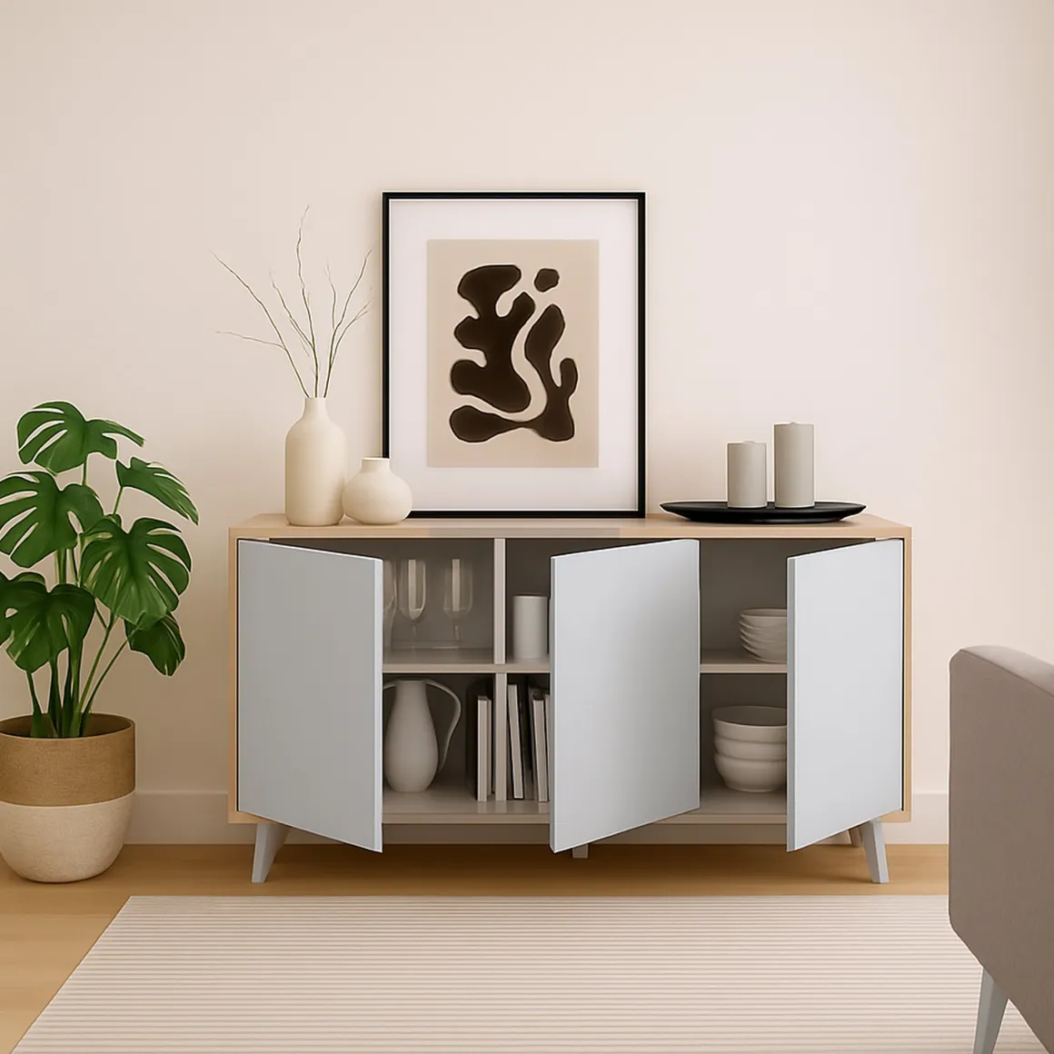 Credenza rovere e bianca moderna 153x39x72h cm 3 ante - Annina
