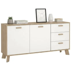 Madie|Credenze > Dmora Credenza rovere e bianca 147x39x73h cm 2 ante e 3 cassetti - Pepito Bianco, Marrone Rovere