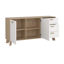Madie|Credenze > Dmora Credenza rovere e bianca 147x39x73h cm 2 ante e 3 cassetti - Pepito Bianco, Marrone Rovere