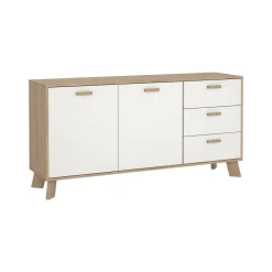 Madie|Credenze > Dmora Credenza rovere e bianca 147x39x73h cm 2 ante e 3 cassetti - Pepito Bianco, Marrone Rovere