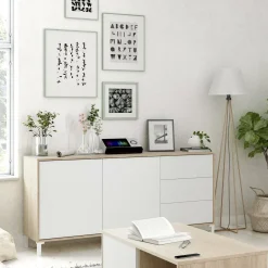 Madie|Credenze > Dmora Credenza rovere e bianca 155x39x92h cm 6 cassetti - Chito Bianco, Marrone Rovere