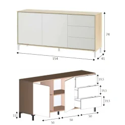 Credenza rovere e bianca 154x41x75h cm 2 ante e 3 cassetti - Ardelia