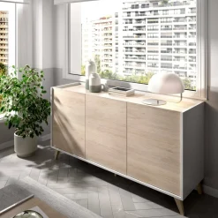 Madie|Credenze > Dmora Credenza rovere e bianca 195x39x73h cm 4 ante e 1 cassetto - Wukong Bianco, Marrone Rovere