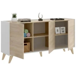 Madie|Credenze > Dmora Credenza rovere e bianca 195x39x73h cm 4 ante e 1 cassetto - Wukong Bianco, Marrone Rovere