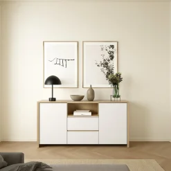 Madie|Credenze > Dmora Credenza rovere e bianco lucida 148x48x83h cm 2 ante e 2 cassetti - Alalngar Bianco Lucido, Marrone Rovere