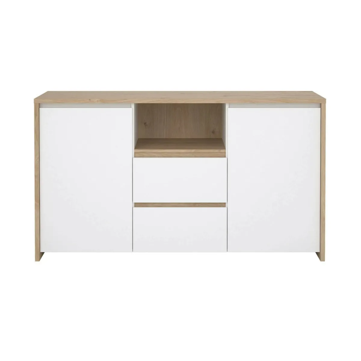 Madie|Credenze > Dmora Credenza rovere e bianco lucida 148x48x83h cm 2 ante e 2 cassetti - Alalngar Bianco Lucido, Marrone Rovere