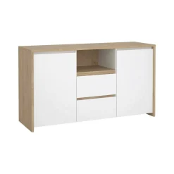 Madie|Credenze > Dmora Credenza rovere e bianco lucida 148x48x83h cm 2 ante e 2 cassetti - Alalngar Bianco Lucido, Marrone Rovere