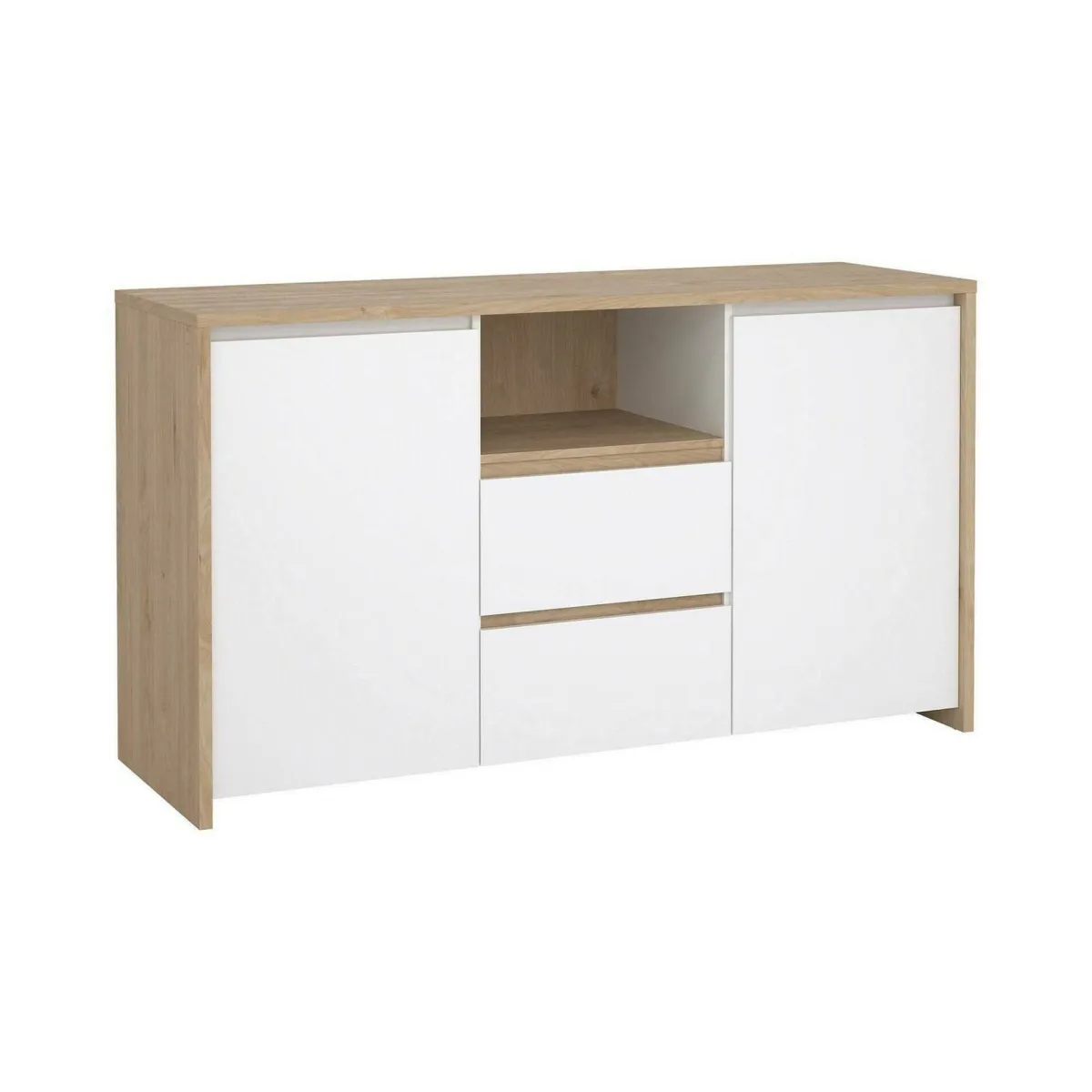Madie|Credenze > Dmora Credenza rovere e bianco lucida 148x48x83h cm 2 ante e 2 cassetti - Alalngar Bianco Lucido, Marrone Rovere