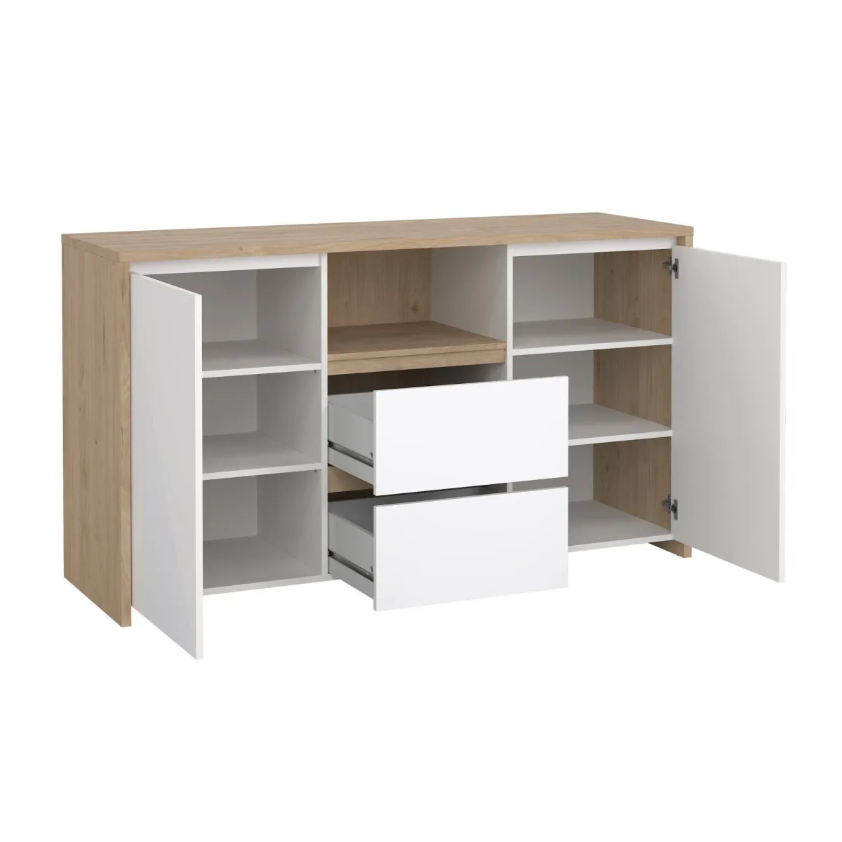 Madie|Credenze > Dmora Credenza rovere e bianco lucida 148x48x83h cm 2 ante e 2 cassetti - Alalngar Bianco Lucido, Marrone Rovere