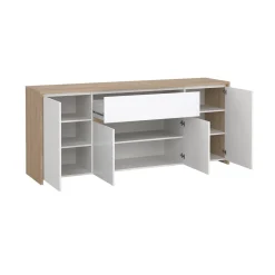 Madie|Credenze > Dmora Credenza rovere e bianco lucida 197x48x83h cm 4 ante e 1 cassetto - Basile Bianco Lucido, Marrone Rovere