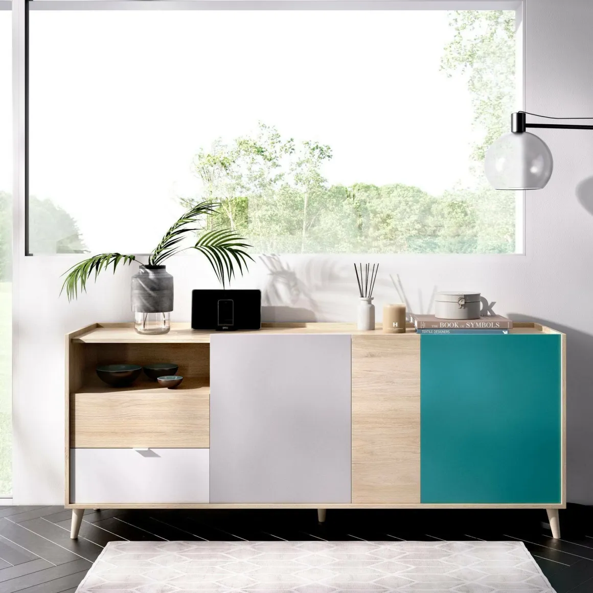 Credenza rovere e grigia 180x43x75h cm 3 ante e 2 cassetti - Allie