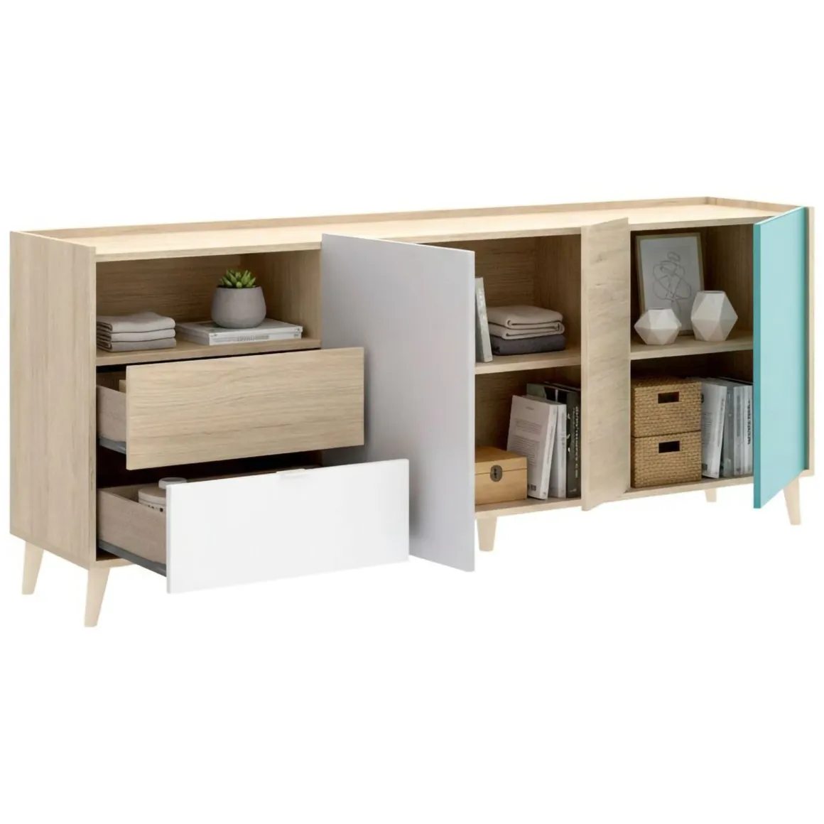 Credenza rovere e grigia 180x43x75h cm 3 ante e 2 cassetti - Allie