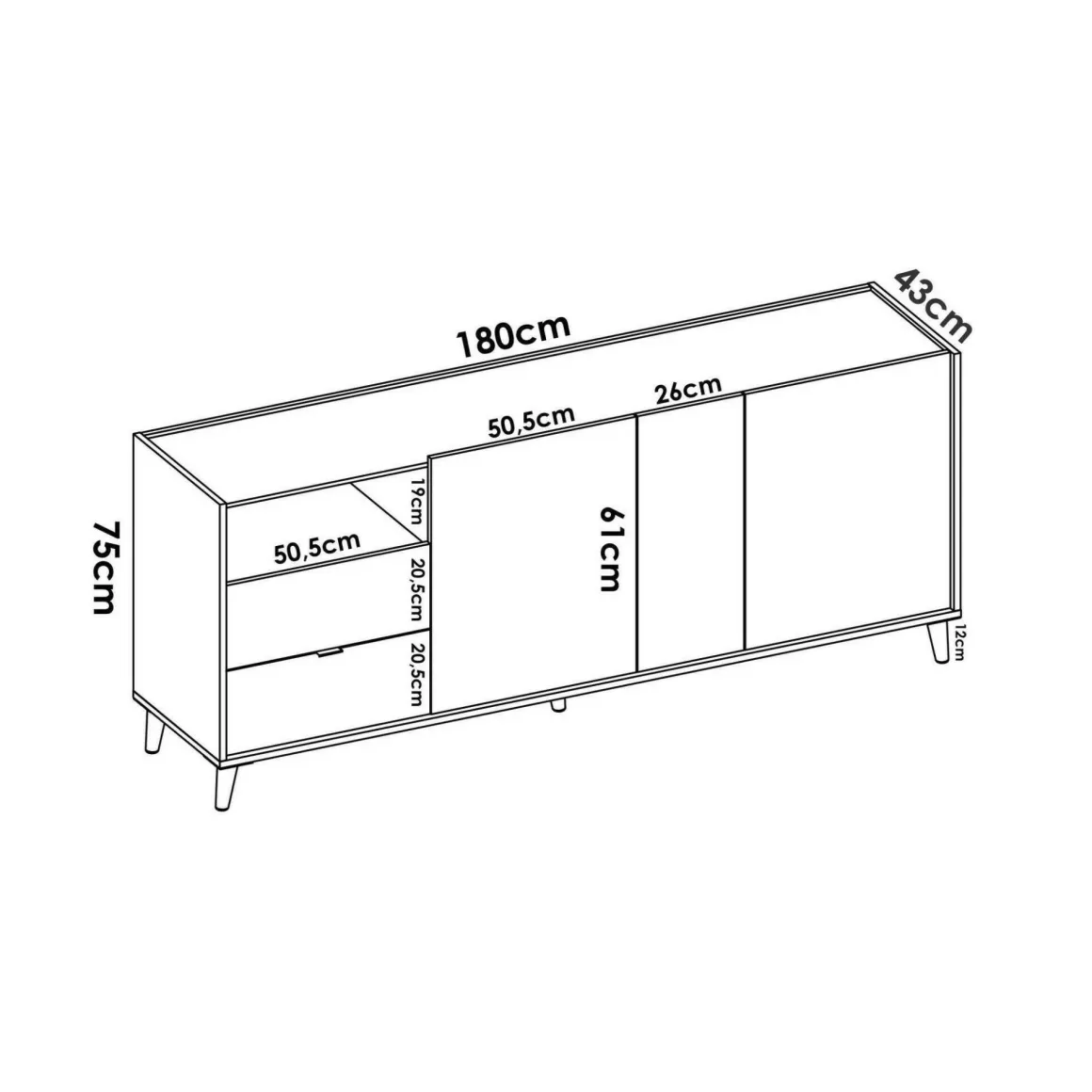 Credenza rovere e grigia 180x43x75h cm 3 ante e 2 cassetti - Allie