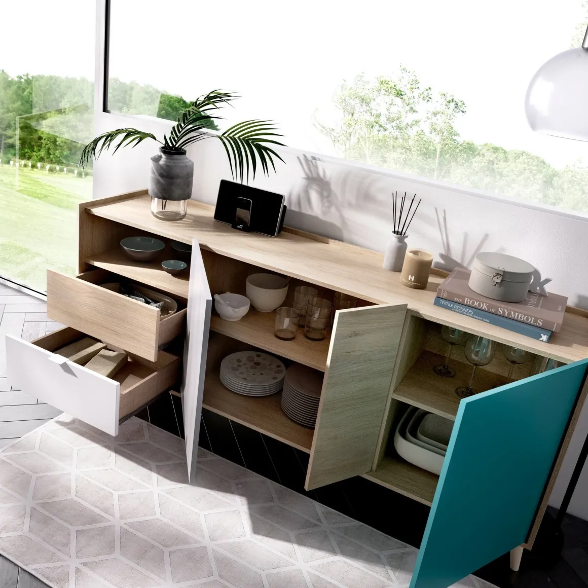 Credenza rovere e grigia 180x43x75h cm 3 ante e 2 cassetti - Allie