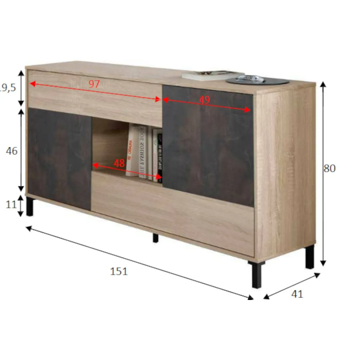 Credenza rovere e ossido 151x41x80h cm 2 ante e 2 cassetti - Abib