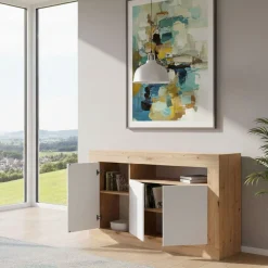 Cucina|Madie > Dmora Credenza rovere nodi e bianca 144x42x87h cm 3 ante - Ilizia Bianco, Marrone Rovere Nodi