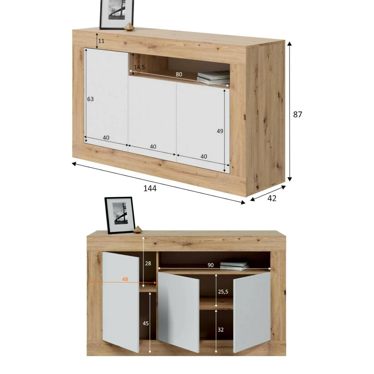 Cucina|Madie > Dmora Credenza rovere nodi e bianca 144x42x87h cm 3 ante - Ilizia Bianco, Marrone Rovere Nodi
